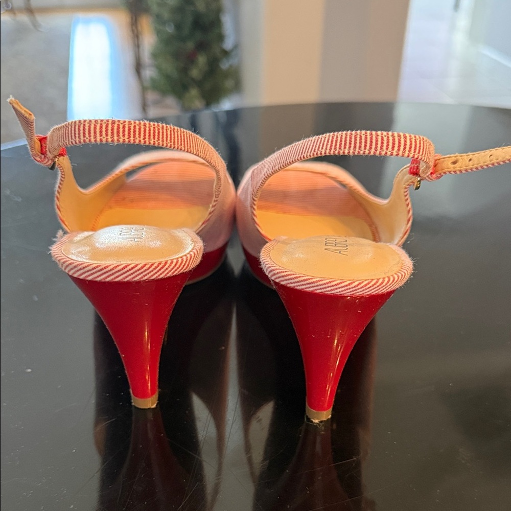 Aubrey Lynn Red Striped Slingback Peep-Toe Heels - Picture 4 of 5